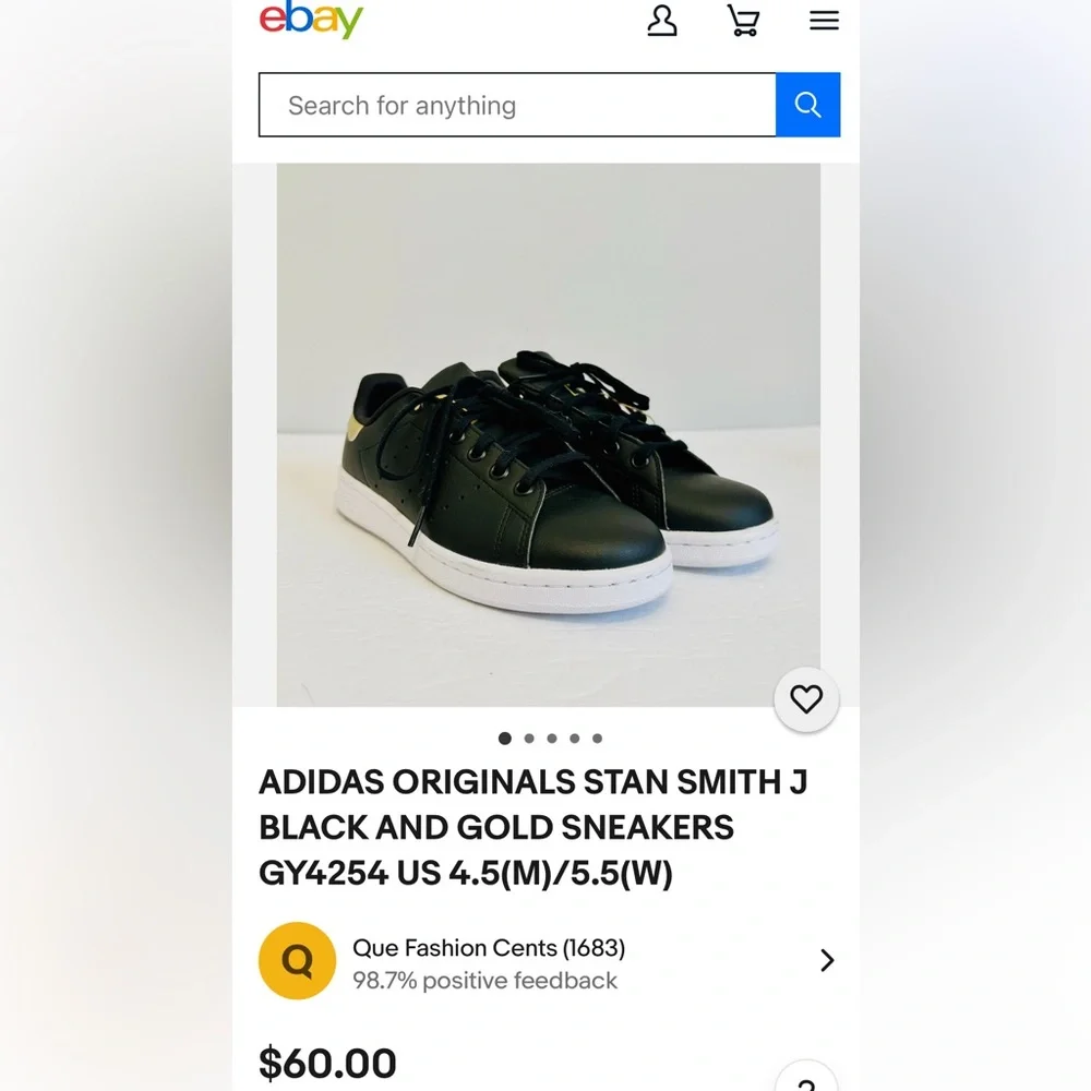 Adidas Stan Smith Kids Black and White Sneakers limited addition gently worn .